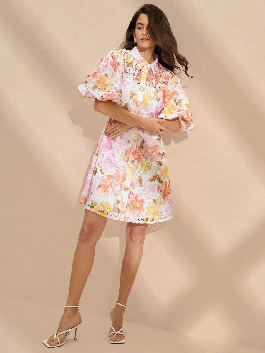 HollowOut Embroidery Puff Sleeve Shirt Collar Elegant Dress