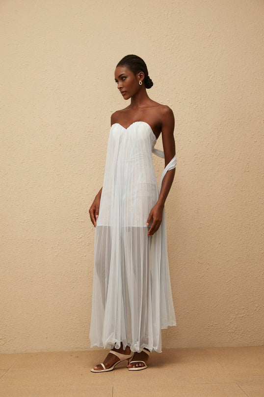 Holly Maxi Dress in Serene Blue with Floral Lace Overlay