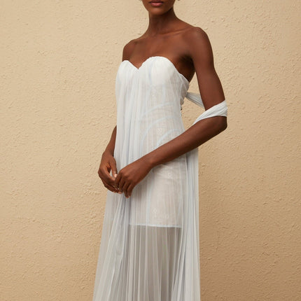 Holly Maxi Dress in Serene Blue with Lace Overlay and Pleated Skirt