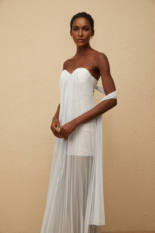 Holly Maxi Dress in Serene Blue with Lace Overlay and Pleated Skirt