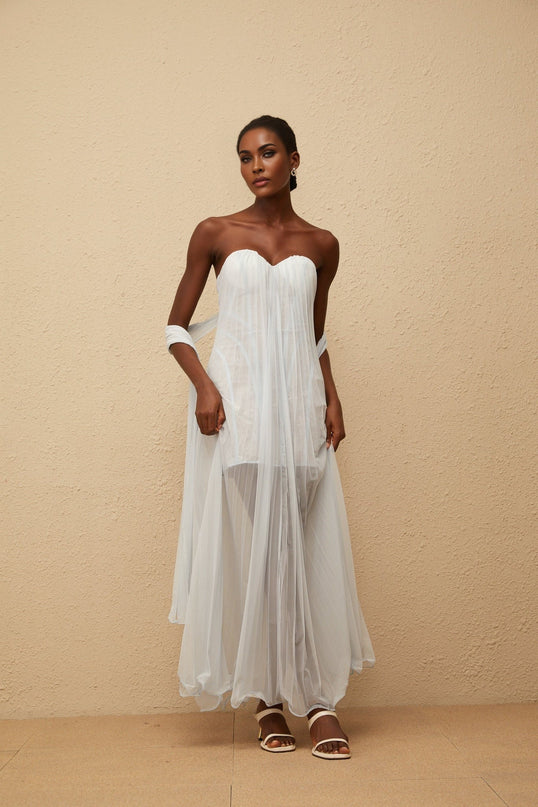 Holly Maxi Dress in Serene Blue with Mesh and Floral Lace Overlay