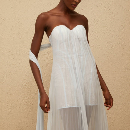 Holly Maxi Dress in Serene Blue Mesh Lace Overlay Boned Bodice Sleeveless Elegant Scalloped Hem
