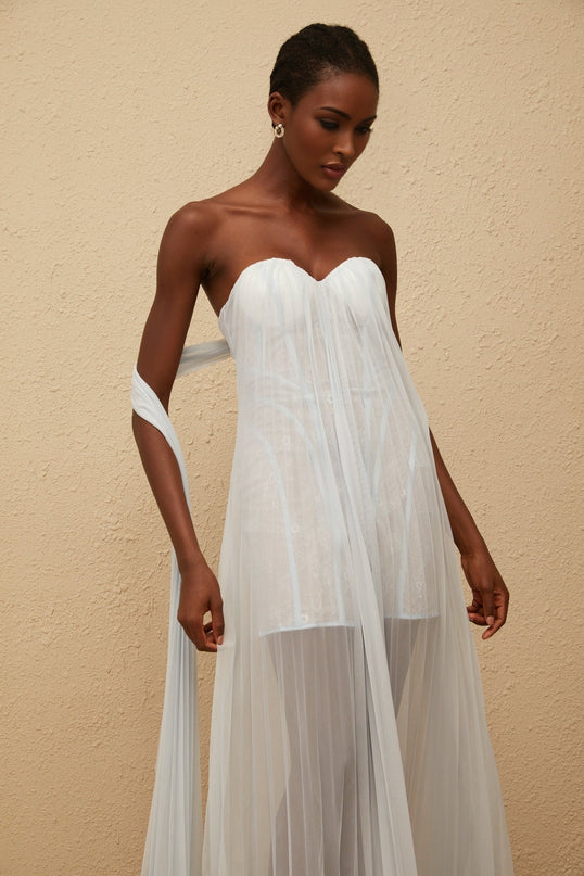 Holly Maxi Dress in Serene Blue Mesh Lace Overlay Boned Bodice Sleeveless Elegant Scalloped Hem
