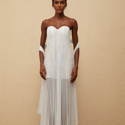 Holly Maxi Dress in Serene Blue with Off-the-Shoulder Silhouette and Ribbon Floral Lace Overlay