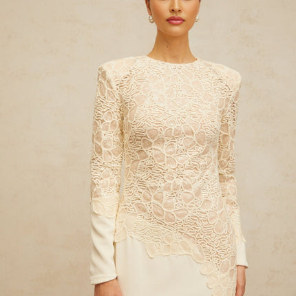 Holly Maxi Dress White Long Sleeve Floral Embroidered Sequin Opulent Textured Luxury Terylene Fiber Elegant Event Statement