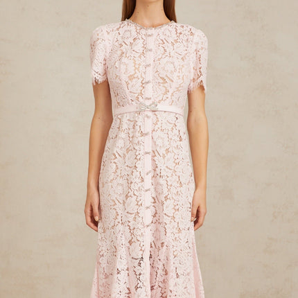 Holly Pink Lace Crystal Bowknot Midi Dress with Buttons