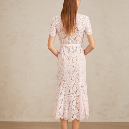 Holly Pink Lace Crystal Bowknot Midi Dress