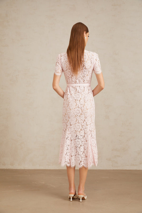 Holly Pink Lace Crystal Bowknot Midi Dress
