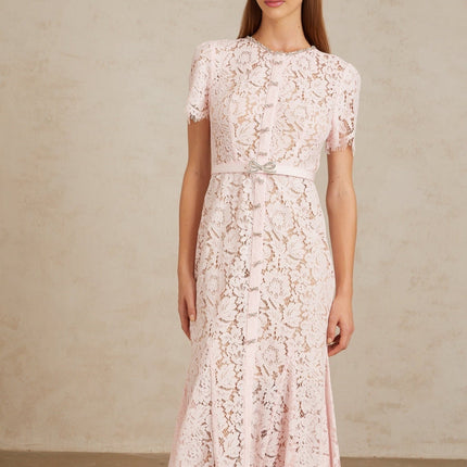 Holly Pink Lace Crystal Bowknot Midi Dress