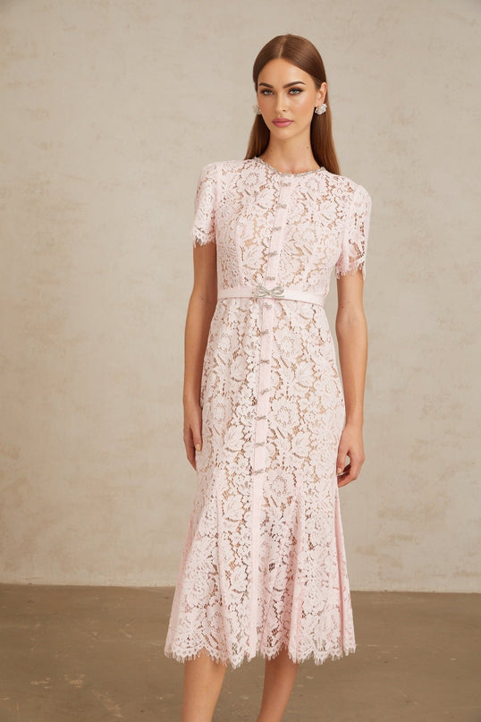 Holly Pink Lace Crystal Bowknot Midi Dress