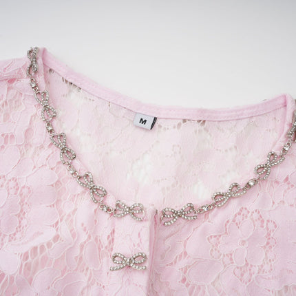 Holly Pink Lace Crystal Bowknot Midi Dress