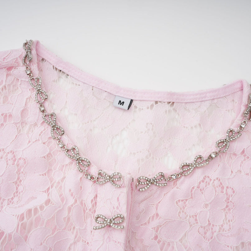 Holly Pink Lace Crystal Bowknot Midi Dress