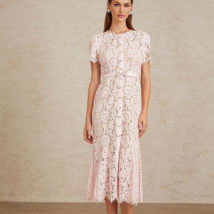 Holly Pink Lace Crystal Bowknot Midi Dress