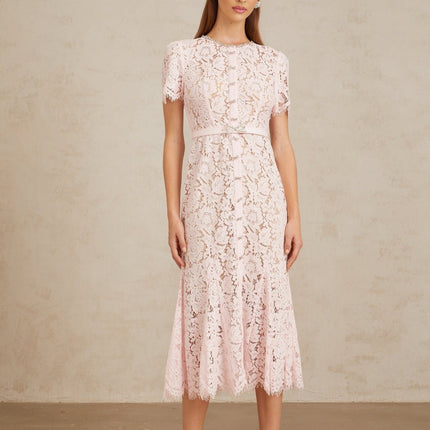 Holly Pink Lace Crystal Bowknots Midi Dress