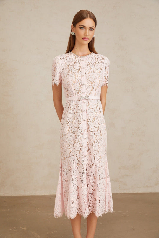 Holly Pink Lace Crystal Bowknots Midi Dress