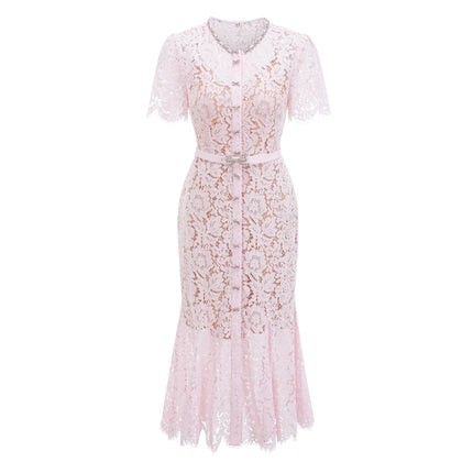 Holly Pink Lace Midi Dress with Crystal Bowknots and Decorative Buttons