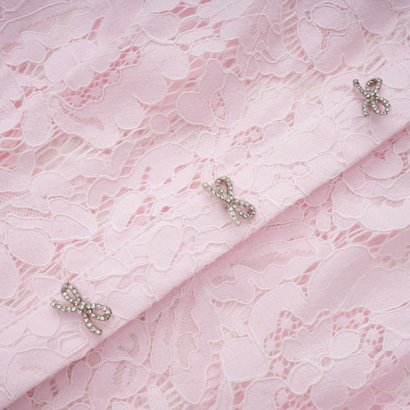 Holly Pink Lace Midi Dress with Crystal Bowknots and Decorative Buttons