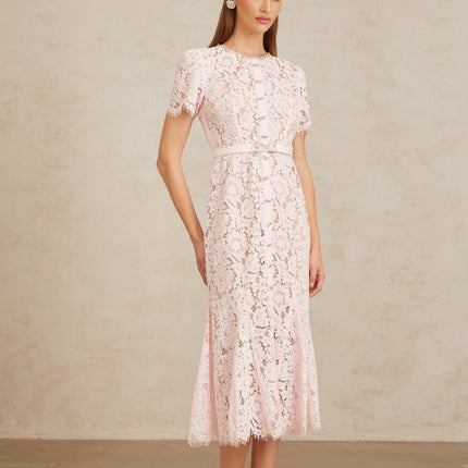 Holly Pink Lace Midi Dress with Crystal Bowknots and Scalloped Trim
