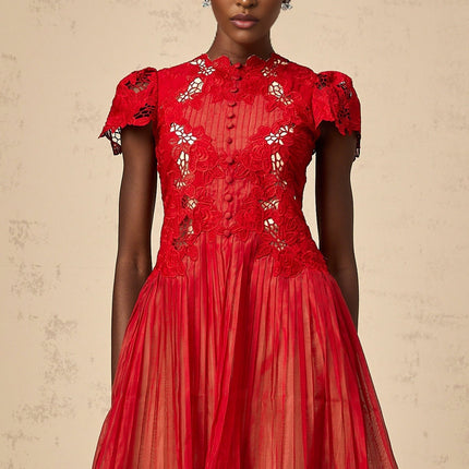 Holly Red Embroidered Mini Dress Cap Sleeve Flounce Hem