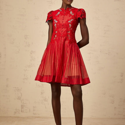 Holly Red Embroidered Mini Dress with Flounce Hem