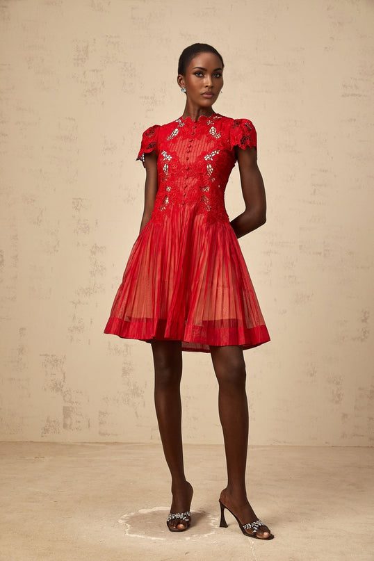 Holly Red Embroidered Mini Dress with Flounce Hem