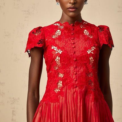 Holly Red Embroidered Mini Dress with Flounce Hem