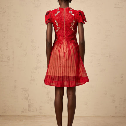 Holly Red Embroidered Mini Dress with Flounce Hem