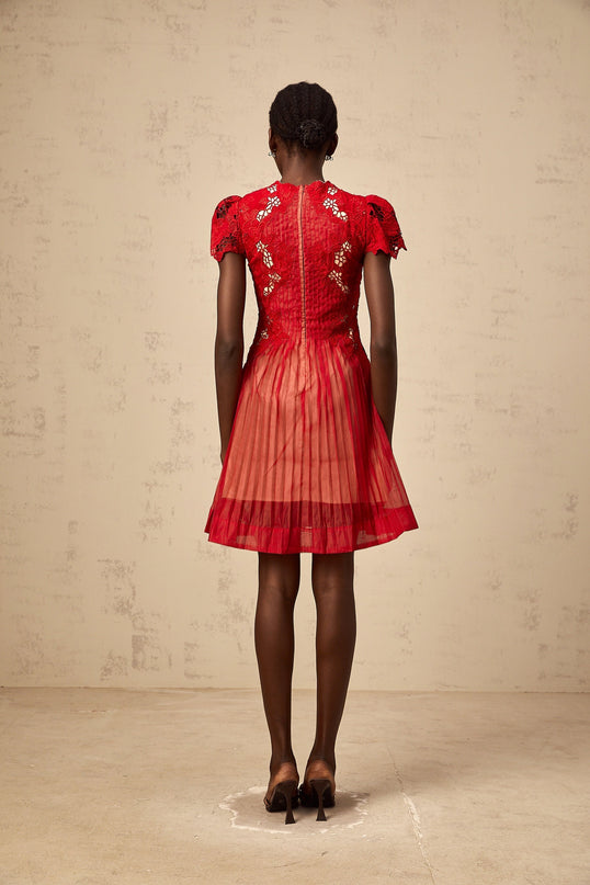 Holly Red Embroidered Mini Dress with Flounce Hem