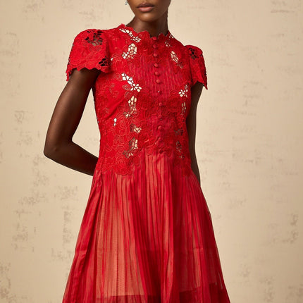 Holly Red Embroidered Mini Dress with Flounce Hem