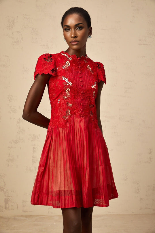 Holly Red Embroidered Mini Dress with Flounce Hem