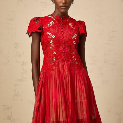 Holly Red Embroidered Mini Dress with Pleats and Flounce Hem