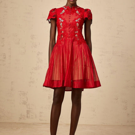 Holly Red Floral Embroidered Mini Dress with Pleats and Flounce Hem