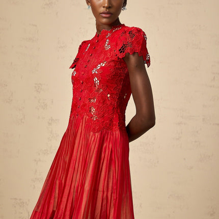 Holly Red Flower Embroidered Mini Dress with Cap Sleeves