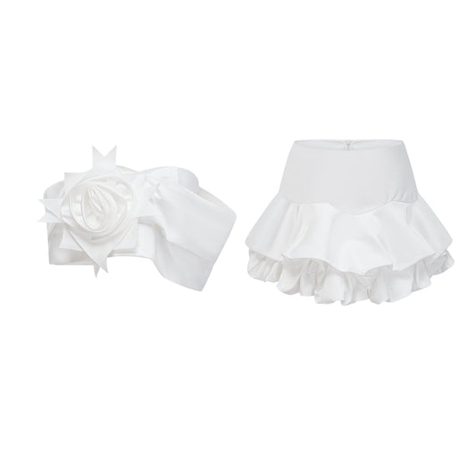 Honorine white floral pleated top  skirt matching set
