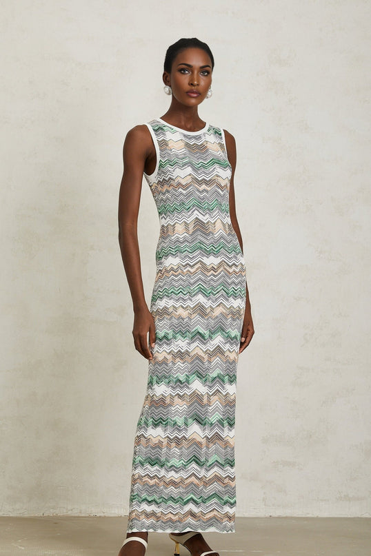 Hope Green Zigzag Woven Knit Maxi Dress