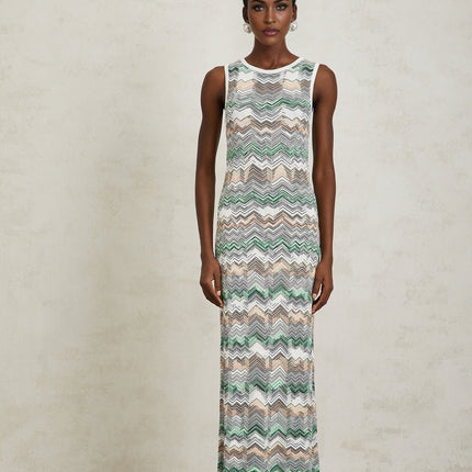 Hope Green Zigzag Woven Knit Maxi Dress
