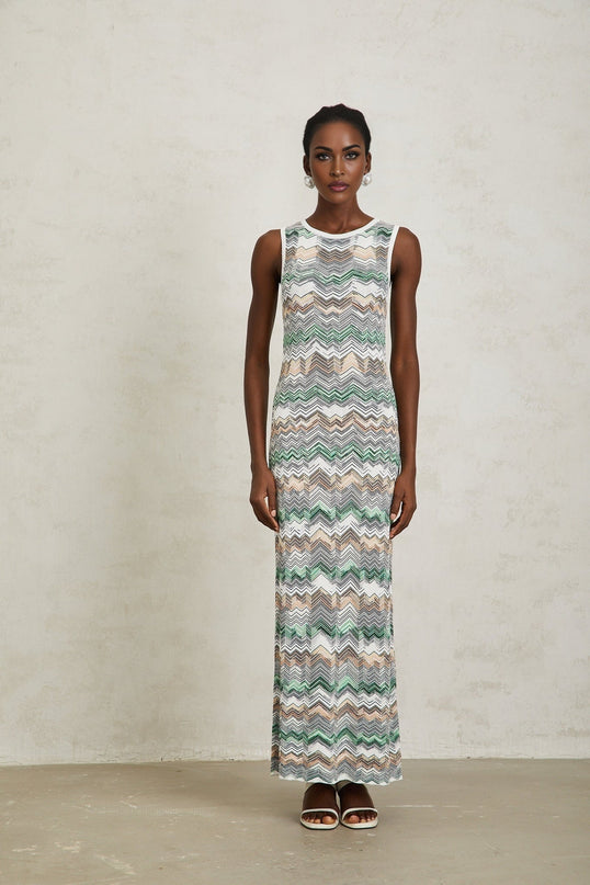 Hope Green Zigzag Woven Knit Maxi Dress