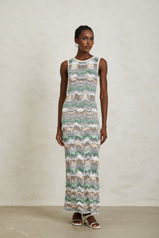Hope Green Zigzag Woven Knit Maxi Dress