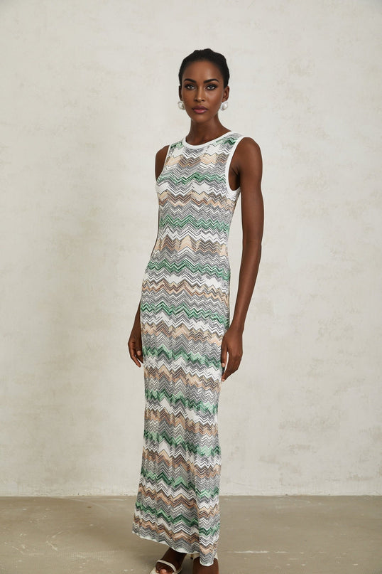 Hope Green Zigzag Woven Knit Maxi Dress