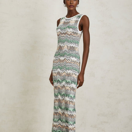 Hope Green Zigzag Woven Knit Maxi Dress