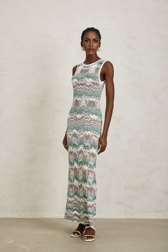 Hope Green Zigzag Woven Knit Maxi Dress