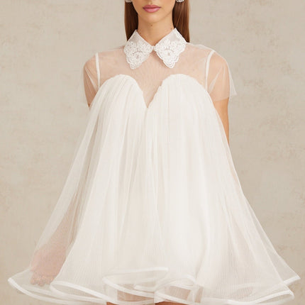 Hope White Lace Mini Dress Tulle Flounce Hem Lapels Short Sleeves Loose Fit Pressed Crease Detailing Rear Button Fastening