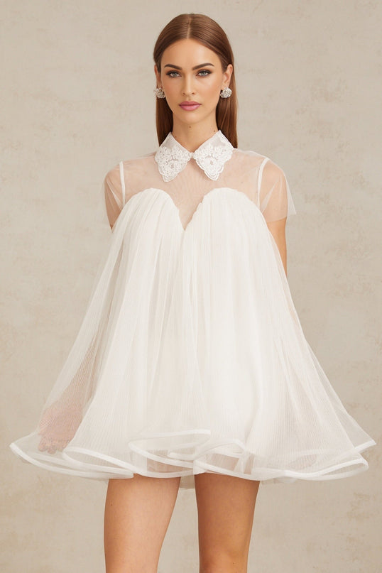 Hope White Lace Mini Dress Tulle Flounce Hem Lapels Short Sleeves Loose Fit Pressed Crease Detailing Rear Button Fastening