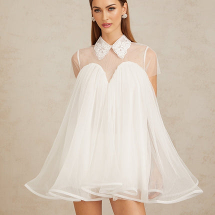 Hope White Lace Mini Dress Tulle Flounce Hem Short Sleeves Loose Fit