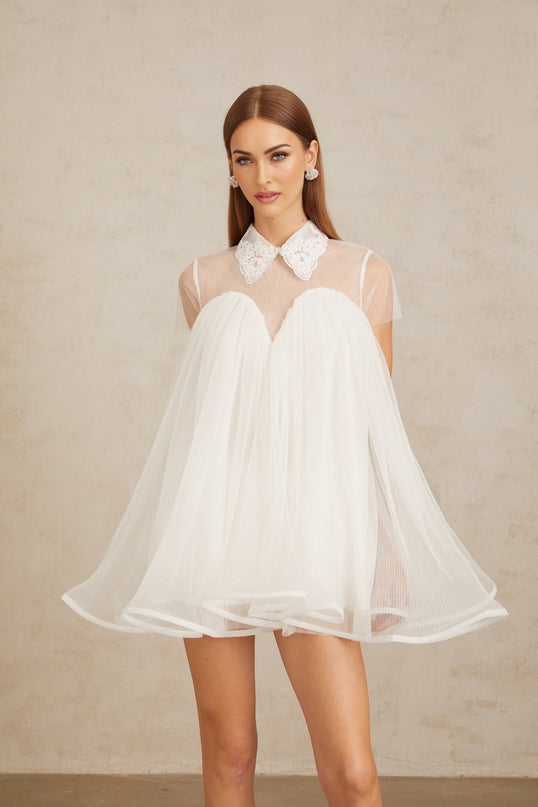 Hope White Lace Mini Dress Tulle Flounce Hem Short Sleeves Loose Fit