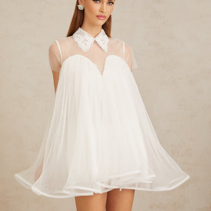 Hope White Lace Trim Tulle Mini Dress