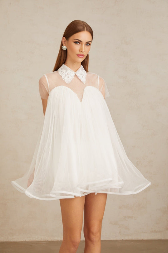 Hope White Lace Trim Tulle Mini Dress