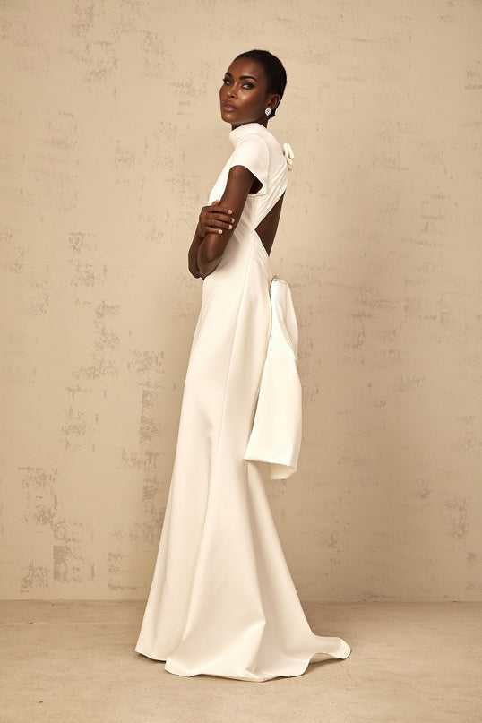 Hope White Maxi Dress with Oversize Bow and Open Back Design