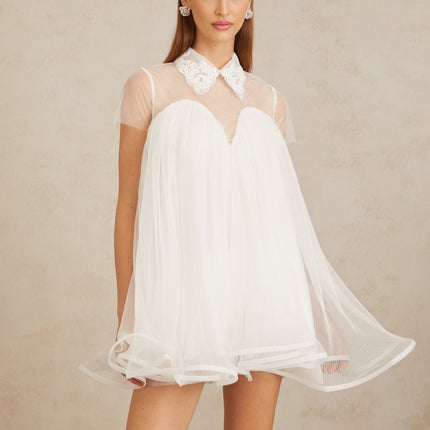 Hope White Mini Dress with Lace Trim Tulle Fabric and Flounce Hem