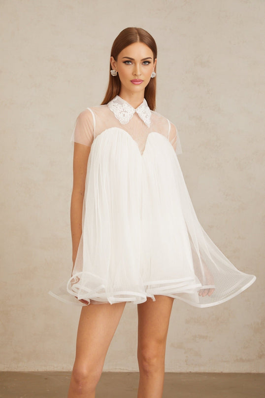 Hope White Mini Dress with Lace Trim Tulle Fabric and Flounce Hem